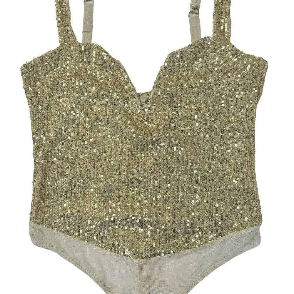 INTIMATELY FREE PEOPLE Sparks Fly Iridescent Gold Shimmery Sequin Bodysuit Sz M - Picture 7 of 12